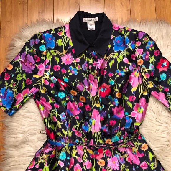 Oscar de la Renta Taffeta Fit & Flare Multicolor Floral Silk Blend Midi Dress 0 - Picture 6 of 16